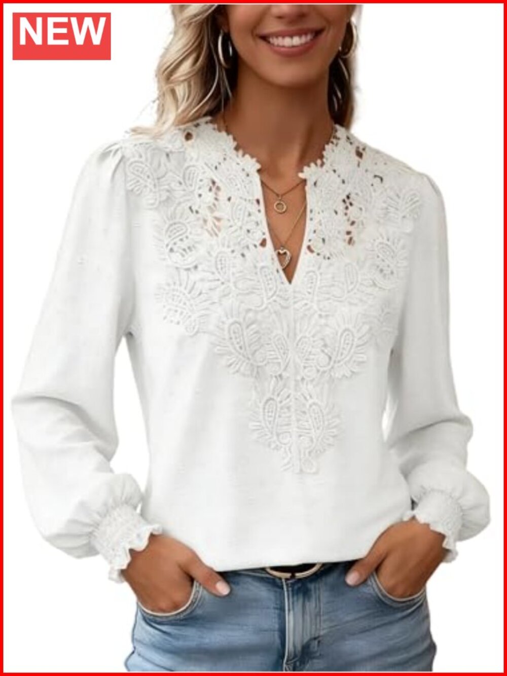 Women Crochet Lace V Neck Blouse Puff Long Sleeve Swiss Dot Casual Chiffon Shirt